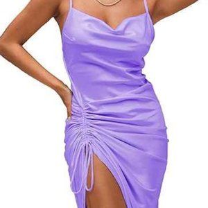 Lyaner Satin Spaghetti Strap Cowl Neck Ruche  Cocktail Midi Dress